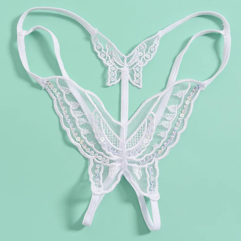 Double-Layer Thin Strap Sexy Thong Butterfly Embroidery Low Waist Sexy Bikini Pure Lace Sequins T-Shaped Panties Sexy G-strings