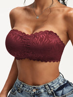 Women's Off Shoulder Lace Bandeau Bra, Floral Ruffled Wirefree Removable Pads Lift Anti-Sagging Daily Casual Wear