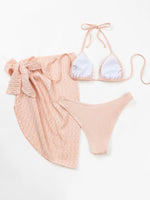 2026 New 3 Pieces Set Swimsuit Women Thong Swimwear Sexy Micro Bikini Set With Sarong Skirt White Beachwear Bathing Suit Pink