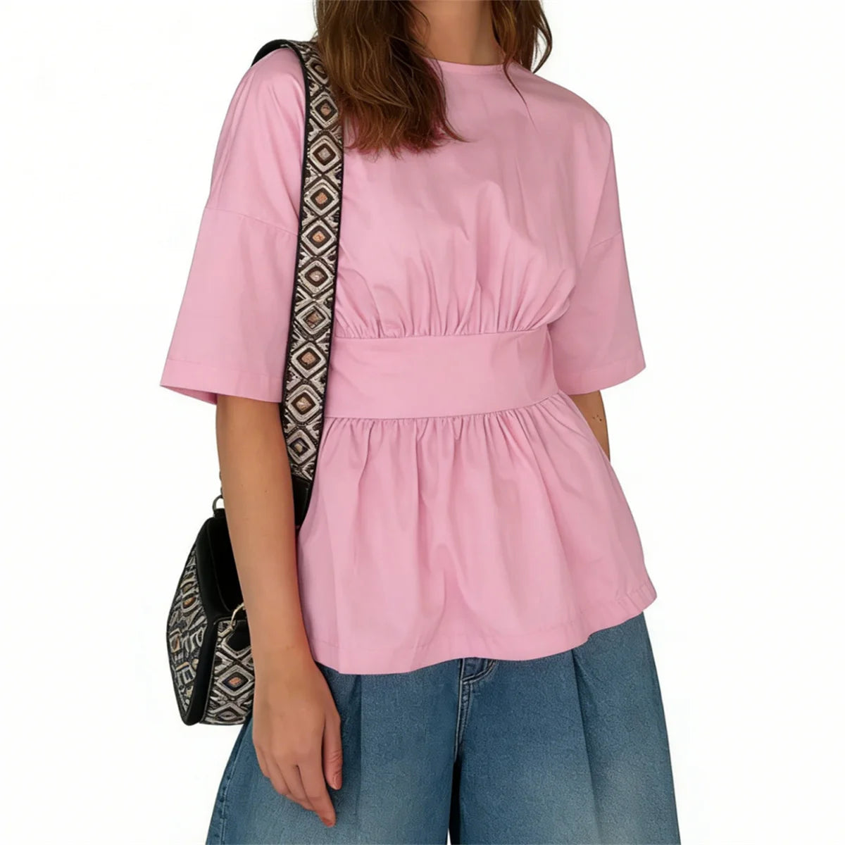 2026 Summer Women's Peplum Tops Casual Elegant Stylish Bow Backless Loose Shirts Crew Neck Elbow Sleeve Blouse