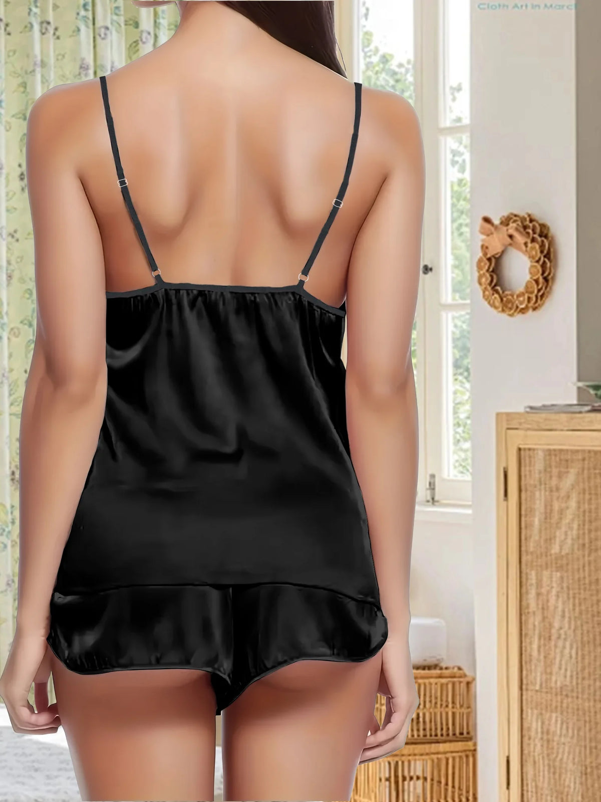 Women's Satin Pajama Set Sexy Sleepwear 2 Piece Loungewear V Neck Cami Top and Shorts Nightwear Solid Color Silk Pjs