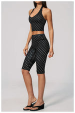 New Summer Women White Polka Dot Print Yoga Sets Hanging Neck Slim Sport Vest High Waist Mid Pants Gym Two-piece Workout Clothes