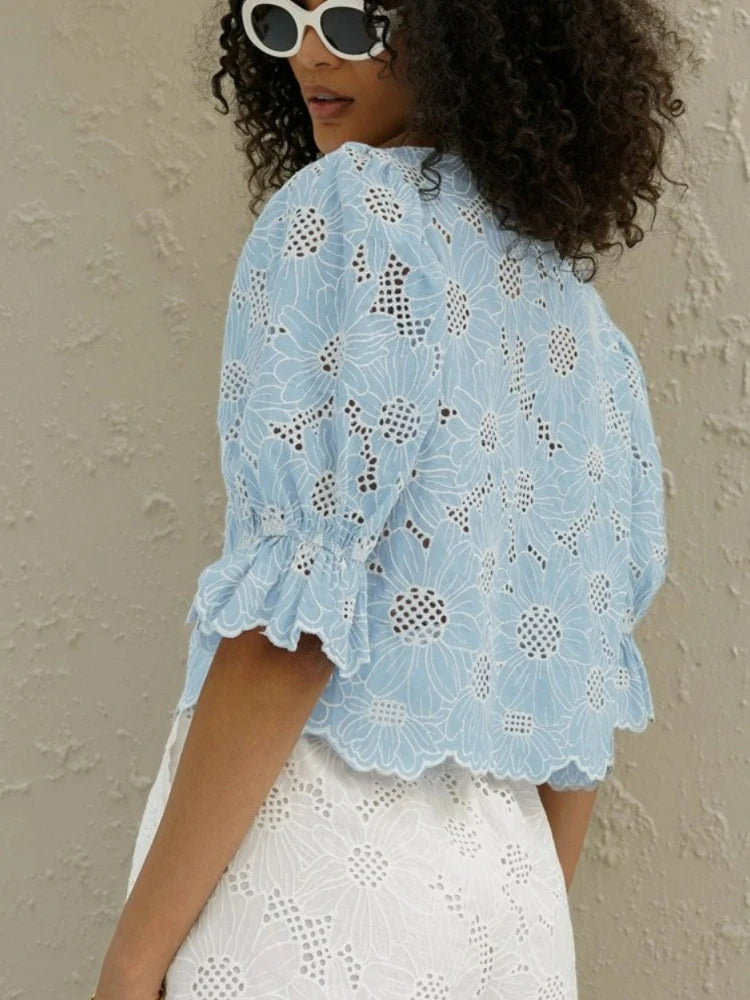 FFDYOUI Woman Clothing Embroidered Shirts Blue High Green Ladies O-neck Single Breasted Half Sleeve Cropped Tops Fashion Shirt