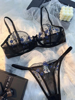 Ladies Classic Black Blue Floral Print Ultra-Thin Bra And Panties Set Elegant Underwear Combo for Women
