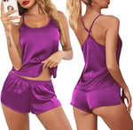 Summer New Ice Silk Spaghetti Strap Sexy Women Pajamas Pure Color Thin Section Fashion Sleepwear