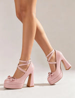 Big Size 45 Women's Sweet Pink Mary Jane 10.5cm High Heels Pumps Lolita Round Toe Bow Cross-Strap Platform Chunky Heel Shoes