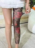Peony Flower Leg Tattoo Stockings Summer Thin Pantyhose Long Socks With Patterns On One Side And Solid Color On The Other NTNG