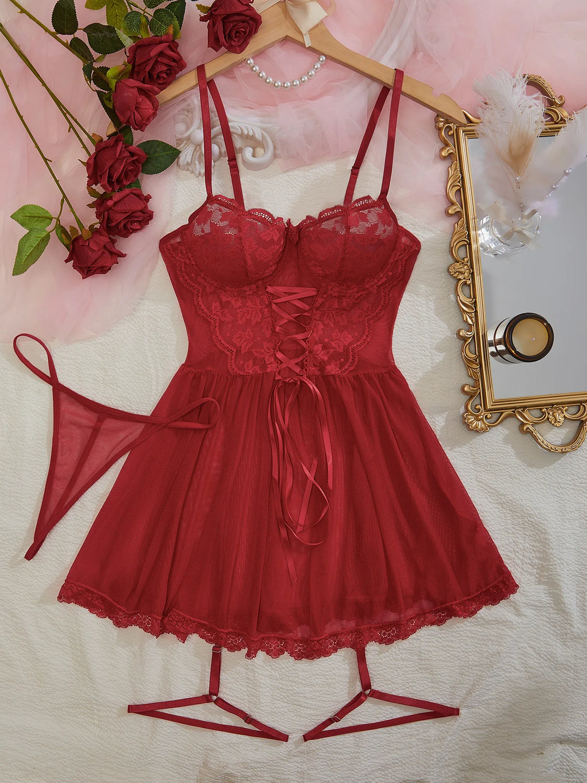 Sexy WhiteTulle Nightdress Woman Lingerie & ThongV-neck Open Sleep Skirt Erotic Pajamas Garter Dress Set See Through Nightwear