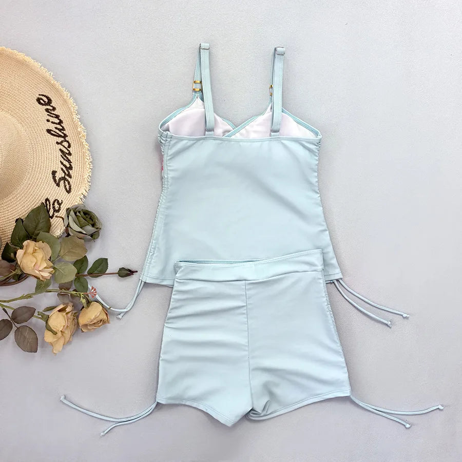 Light Blue Flower Print Swimwear Women's Bikinis Shorts and Tankinis Sexy Swimsuit Holiday Beach Wear Brazilian Bikini Femmes