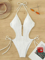 S - XXL Halter V Neck Wrinkled Female Swimwear One Piece Swimsuit Women Backless Monokini High Cut Bathing Suit Swim Beach Wear