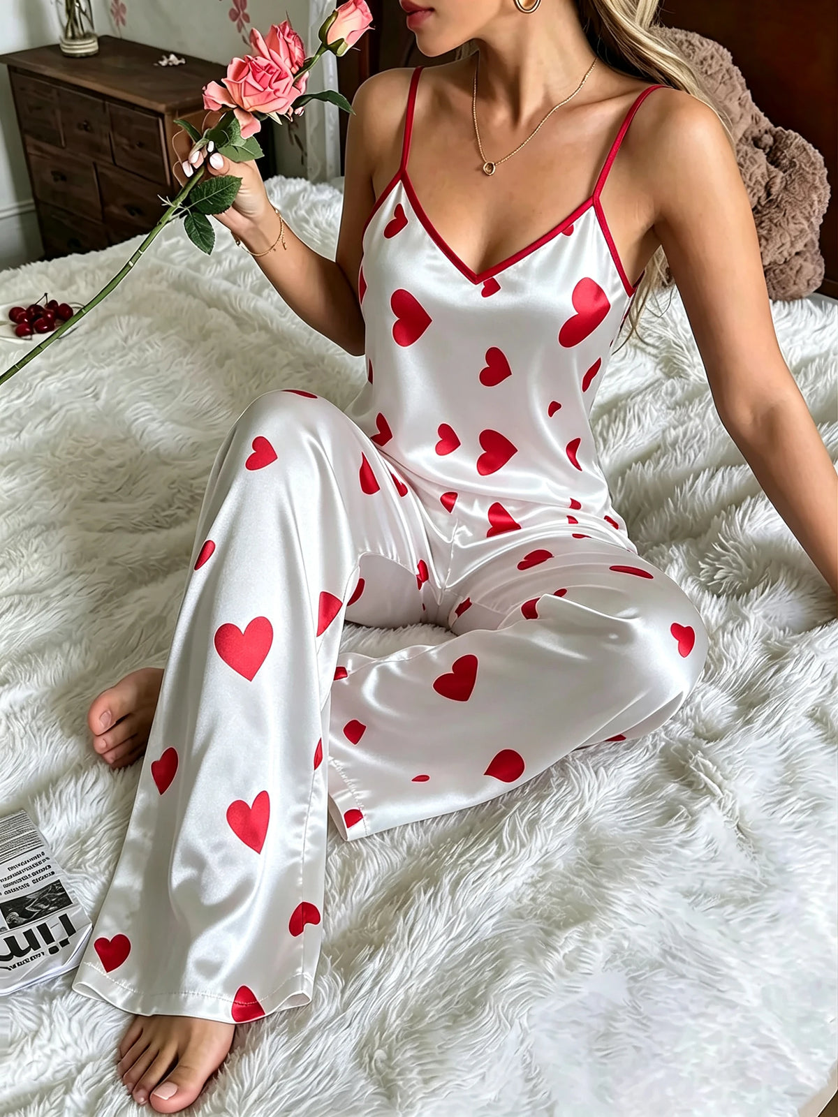 Autumn New Women Pajama Set Heart Print Spaghetti Strap Cami Top and Pants 2 Piece Sleepwear Ladies Home Loungewear