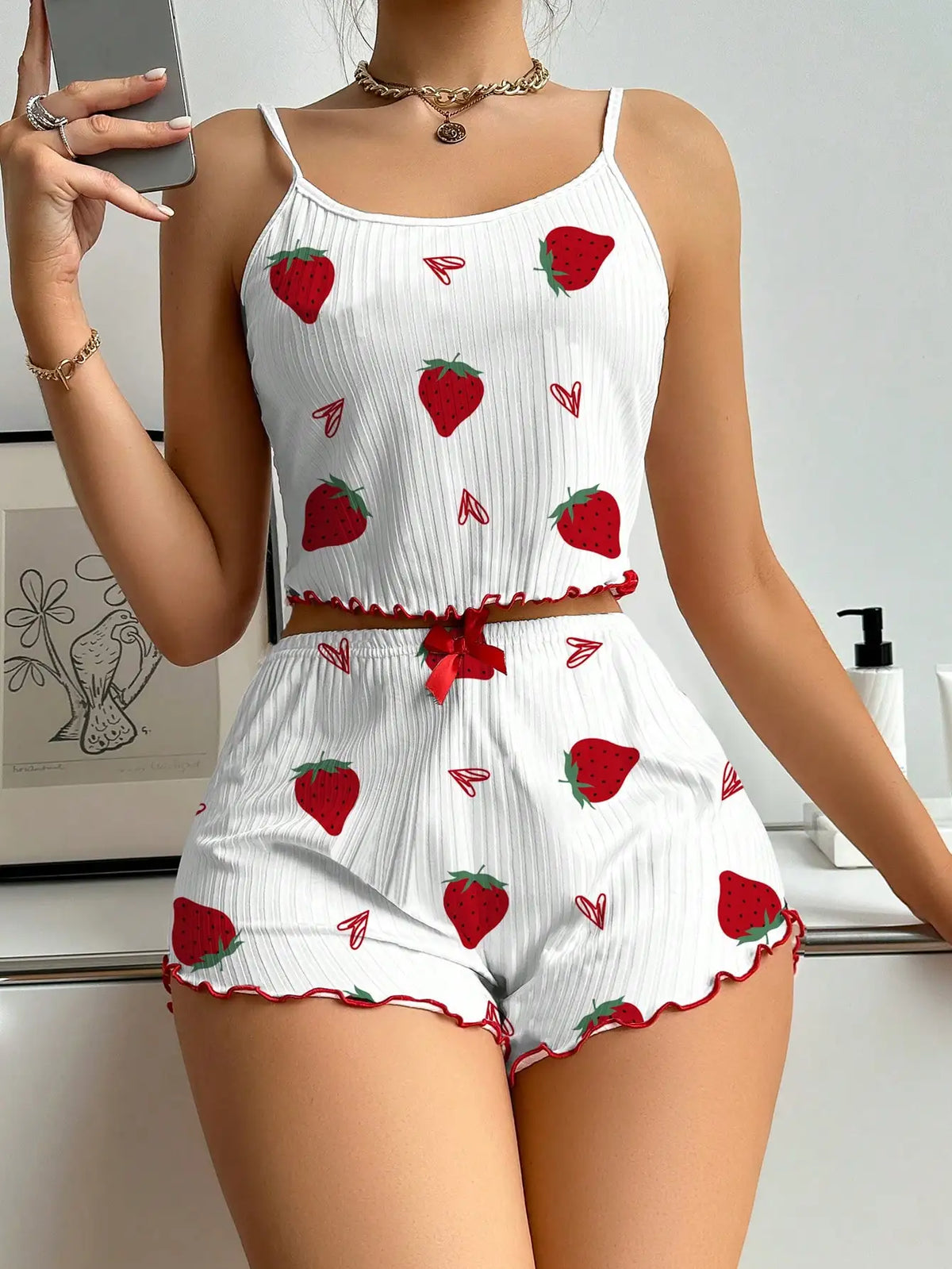 Summer Sleepwear Women's Camisole Strawberry Printing Casual Vest Tops and Shorts2 Pieces Pajamas Set Loungewear