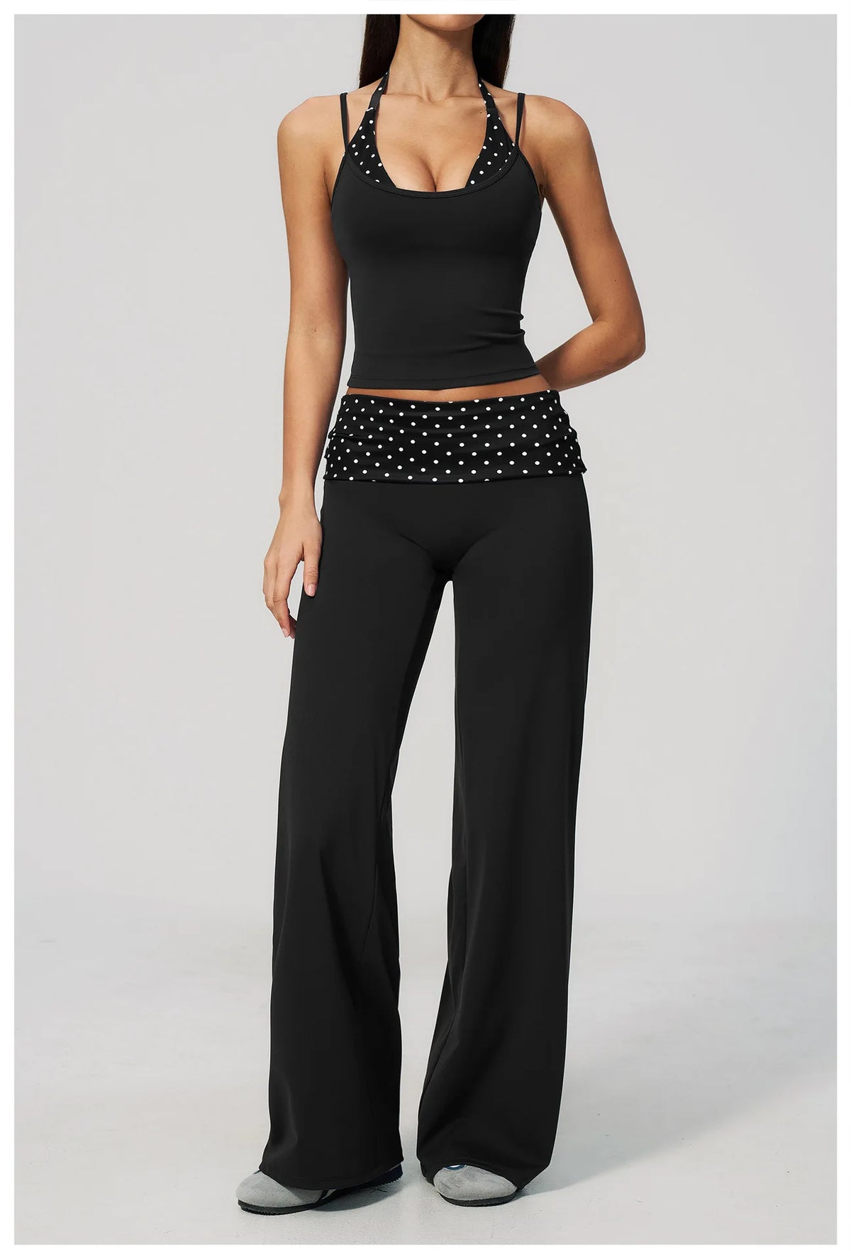 Women's 2 Piece Yoga Set Halter Neck Crop Top Fold Over Waist Wide Legged Flare Trousers Polka Dot Striped Gym Workout Running