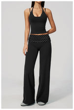 Women's 2 Piece Yoga Set Halter Neck Crop Top Fold Over Waist Wide Legged Flare Trousers Polka Dot Striped Gym Workout Running