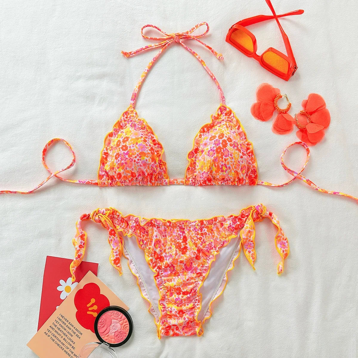 Women Cute Bikini Set 2025 New Summer Orange Floral Print Halter Ruffles Push Up Tie Side Thong Swimsuit Bathing Suit
