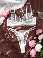 White Iridescent Peacock Feather Embroidered Lace Bra and Panty Set Women Sexy Sheer Mesh Underwear Two Piece