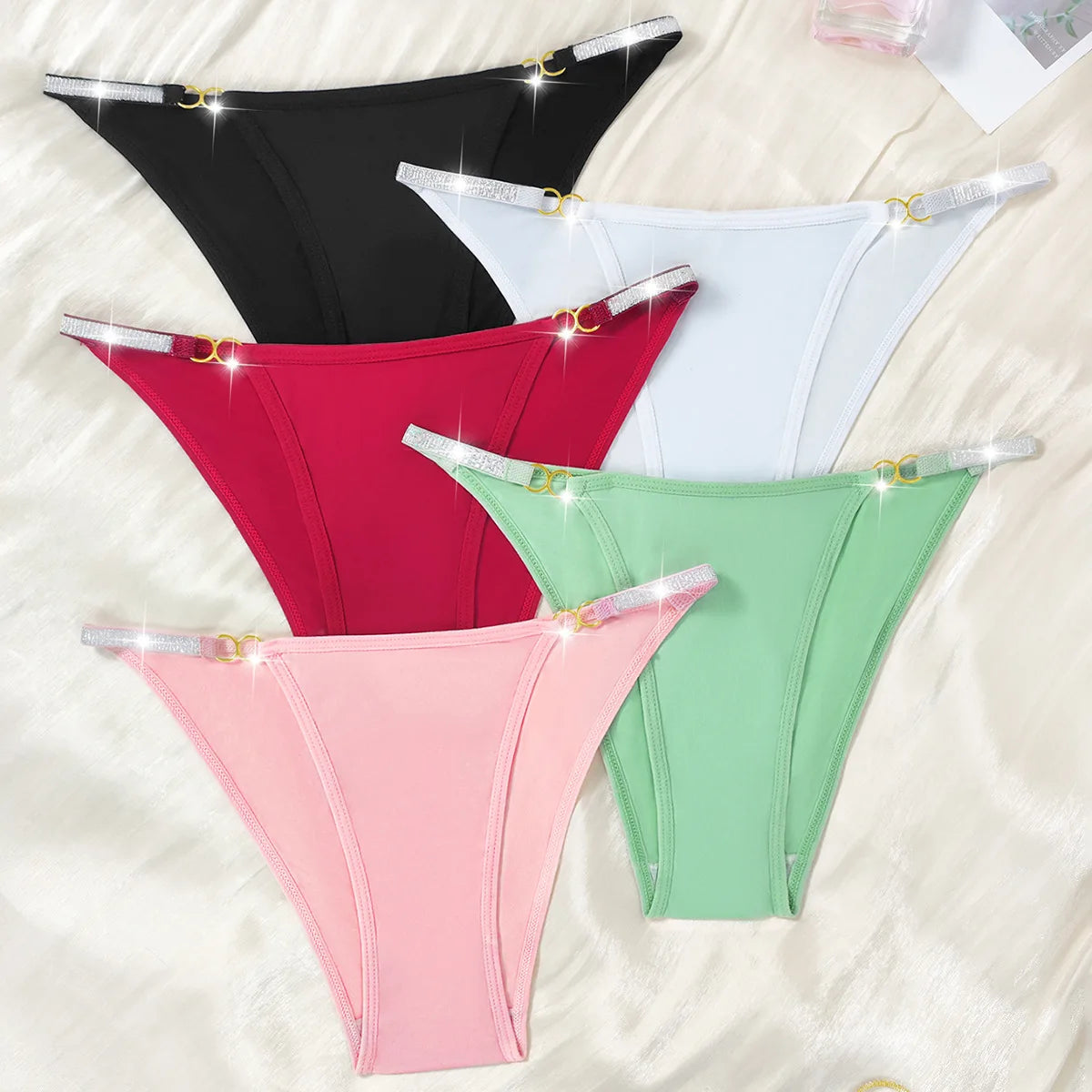 5pcs Women's New Trendy Triangle Panty Multi-Color Set Satin Silky Fabric Silver Ribbon Metal Decoration Breathable Underwear