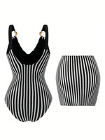 Vintage Black Striped Swimwear Skirts Set Women 2026 Metal Buckle Strap V Neck Slimming Bathing Suit Holiday One Piece Swimsuit