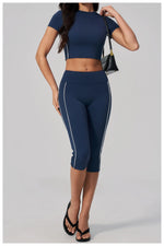 Color Blocked Yoga Suit Women Tracksuit Short Sleeve Shock-absorbing Sports T Shirts High Waist Pants Gym Running Fitness Suits