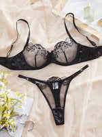 Valentine's Day Ladies Black Forest Wave Lace Sexy Underwear Set Romantic Floral Trim Bustier Nightgown for Women