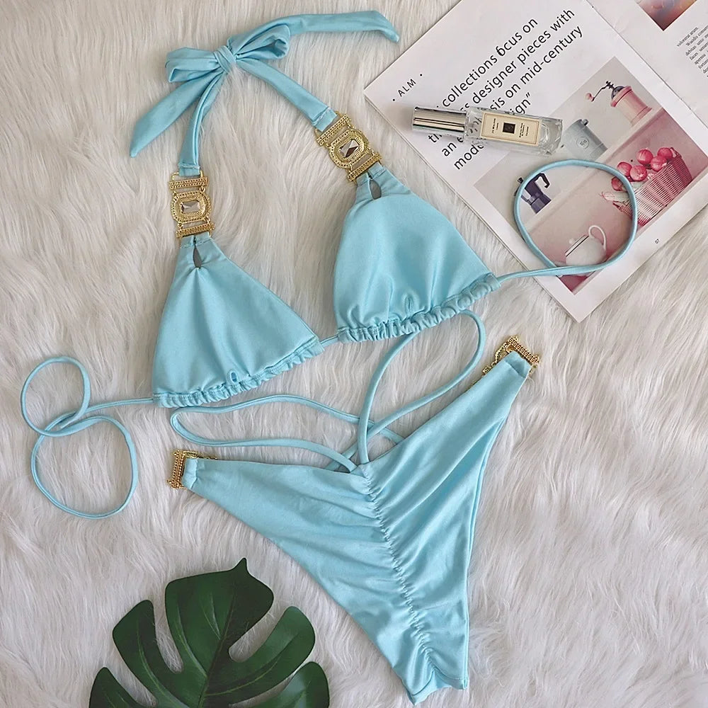 Sexy Rhinestones Thong Bikini Women Green Push Up Glitter Diamond Band 3 Piece Swimsuit Chain Metal Bathing Suit Luxury Swimwear