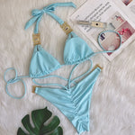 Sexy Rhinestones Thong Bikini Women Green Push Up Glitter Diamond Band 3 Piece Swimsuit Chain Metal Bathing Suit Luxury Swimwear