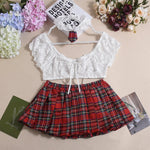 Toucheart Sexy Lingerie Suit for Women Lace Mesh See-through Lace Up Top Plaid Pleated Skirt Halter Women's Underwear Set New
