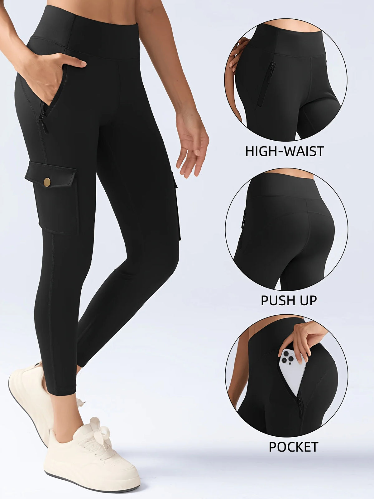 Women's Fitness Zipper Flap Pockets Cargo Leggings High-Waisted Workout Pants , Butt Lifting and Tummy-Control Tight For Casual