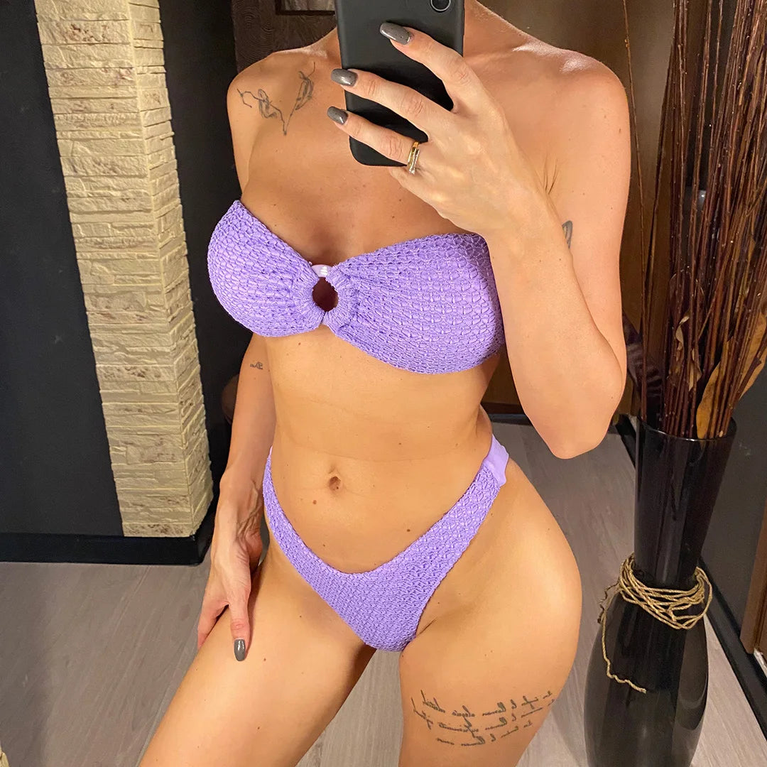 Sexy Wrinkled Bandeau Strapless Bikini Women Swimwear Female Swimsuit Two-Pieces Bikini Set Bather Bathing Suit Swim Lady V3367L