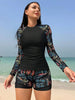 Vintage Black Leaves Print Two Piece Swimsuit 2026 Women Long Sleeve Sports T Shirts High Waist Swimwear Beach Surf Bathing Suit