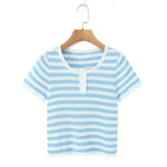 Blue And White Striped Henley Neck Knit Top Casual Short Sleeve Ribbed T Shirt For Women Summer Daily Wear Casual Fashion VGK2