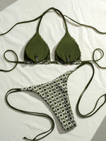 Sexy Green Sunflower Print Mini Bikini 2026 Women Halter Push Up Bra Tie Side Bandage Thong Swimsuit Beach Bathing Suit Swimwear