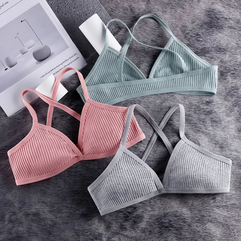 2Pcs/Set Women Ribbed Knit Triangle Bralette Wireless Bra Sexy Lingerie Soft Comfort Underwear Ladies Bra No Pads S-L