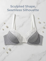 Ladies Bra Grey Ribbed Knit with White Lace Panel Sculpted Support Padded Bralette Smooth Comfort Women Lingerie MR3458