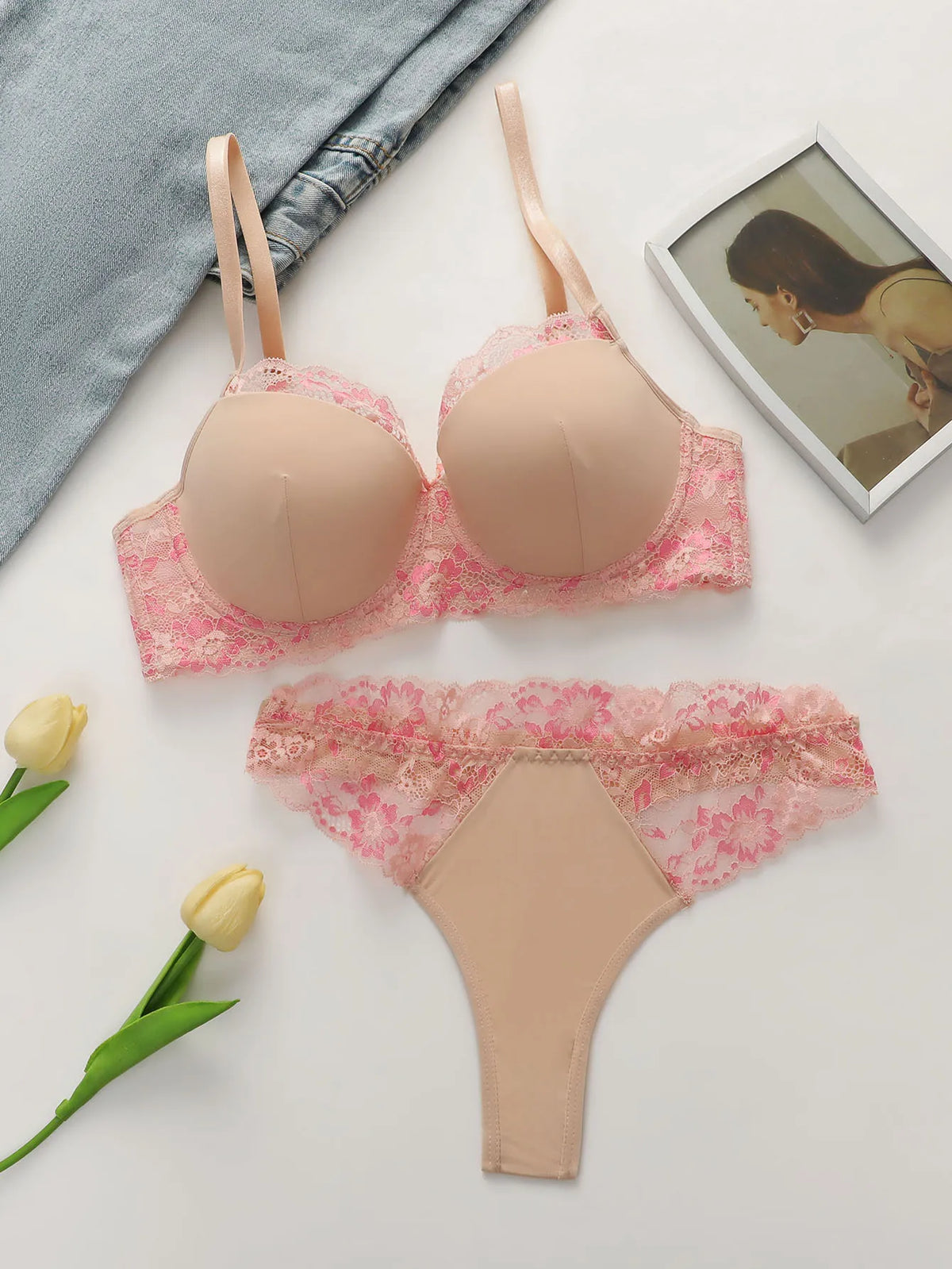 Women's Pink Lace Bra and Panty SetSoft Floral Lace Everyday Comfort Perfect for Casual Wear sexy Lingerie set B2631