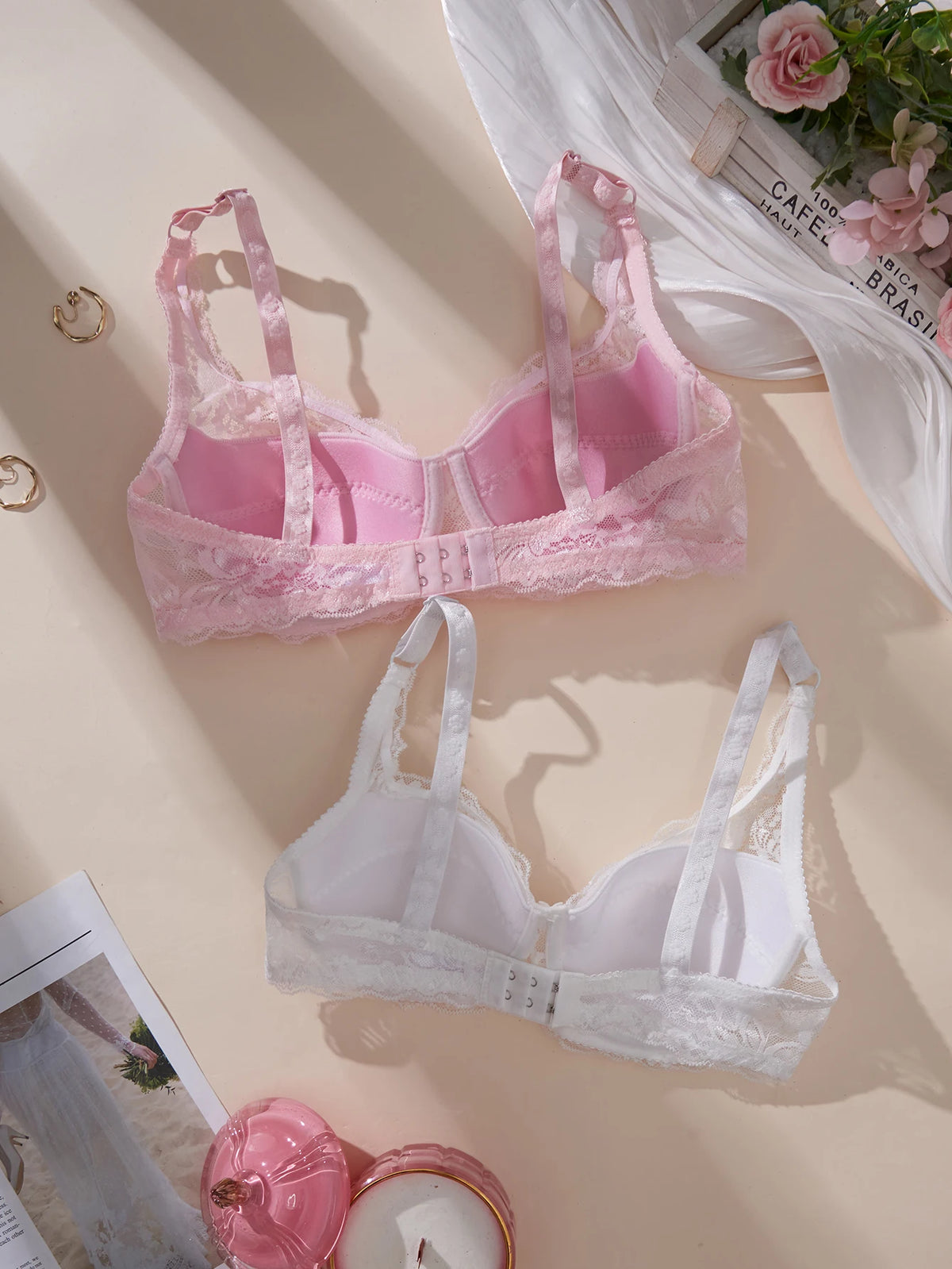 2Pcs Set Women's Sexy Bras Thin Lace Underwire Push-Up Soft Bra Adjustable Women's Underwear Set No Lining Breathable Comfortable