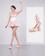 Size 42 Elegant Pink Satin Platform Block Heel Pumps Black Ribbon Wrap Ballerina Bow Wedding Party Dress Heels Shoes Women