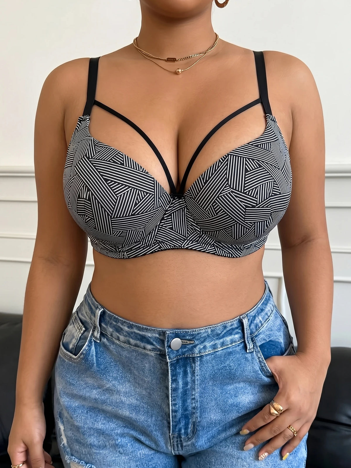 Plus Size Geometric Print Bra Women Underwire Push Up Bra Adjustable Strap 3 Hooks Back Side Support Ladies Lingerie
