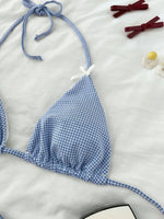 Sexy Blue Plaid Bikini Set 2026 Women Bow Strap Bandage Push Up High Waist Panties Swimsuit Beach Bathing Suit 2 Piece Swimwear