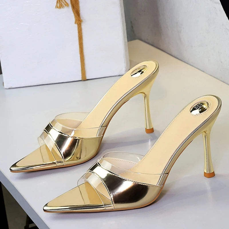 BIGTREE Shoes Women PVC Transparent Shoes for Women Sexy Pointed Open Toe Shallow Slider Slippers Ladies Sandal High Heels Mules