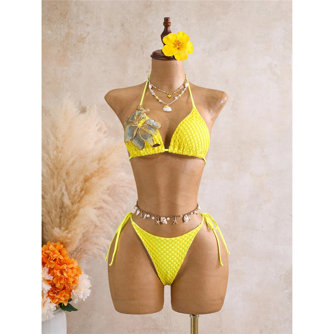 With Skirt 3D Flower Halter Bikini Women Swimwear Female Swimsuit Three-Pieces Bikini Set Padded Bather Bathing Suit SwimV8346