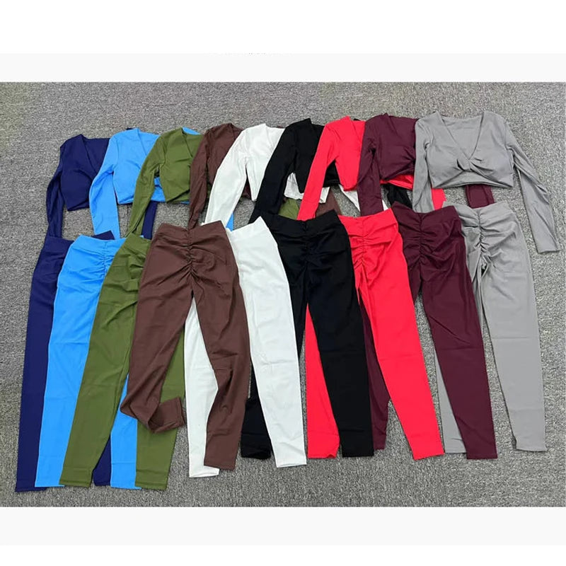 1/2Pcs Pad Long Sleeve Crop Tops Women Gym Yoga Set Sport Gym Scrunch V Back Fitness Leggings Workout Pant Active Suits