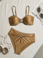 Sexy Metal Shell High Waist Bikini Set Women Black Coffee Pleate Push Up Two Piece Swimsuit 2026 Holiday Bathing Suit Swimwear