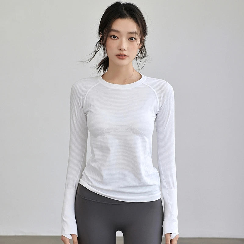 Women's Autumn & Winter Yoga Comprehensive Training Top High-Elastic Slim Crew Neck Quick-Dry Sports Long-Sleeve Fitness Clothes