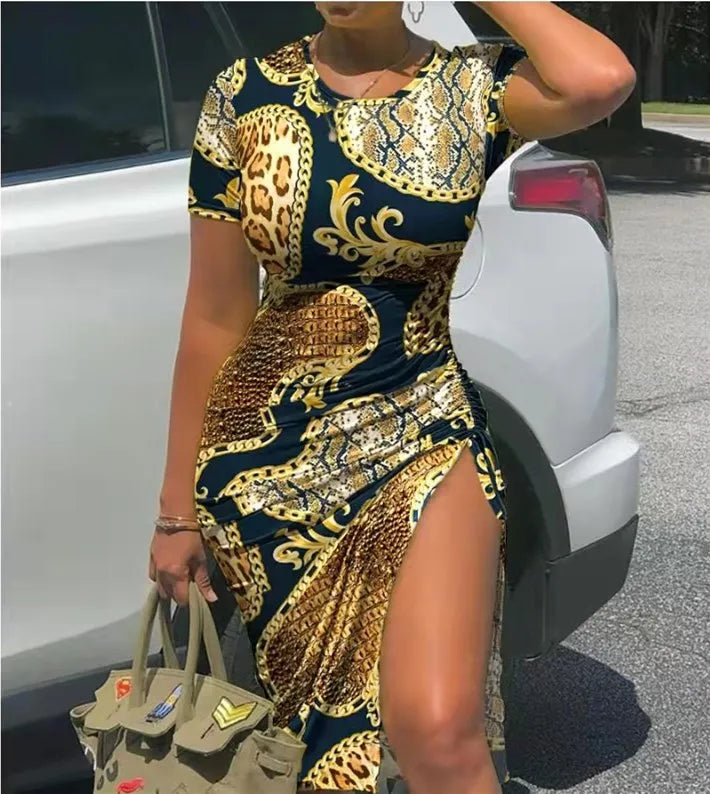 Trendy Printed Slim Midi Dresses Women Fashion Package Hip Bodycon Short Sleeves Drawstring Slit Dress Casual Ladies Streetwear