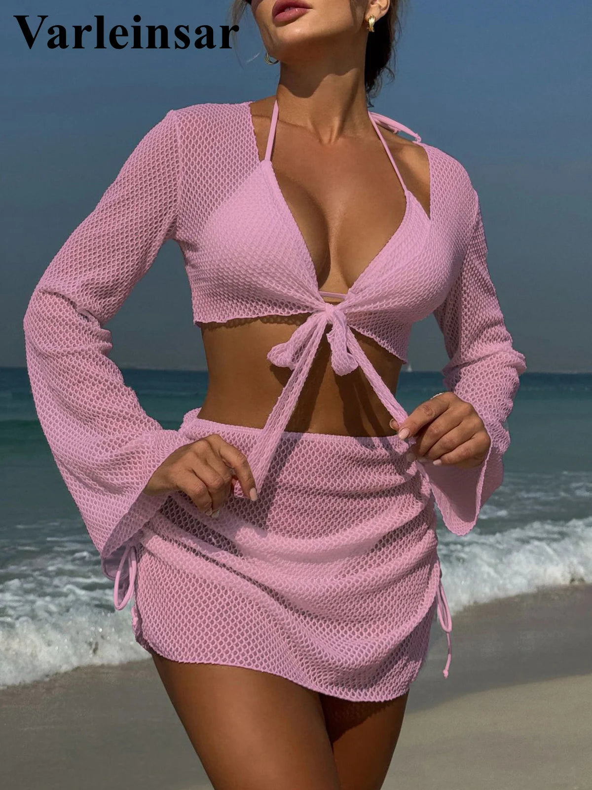 9 Colors New Long Sleeve With Skirt Bikini Female Swimsuit Women Swimwear Four-pieces Bikini set Bather Bathing Suit Swim V6358P