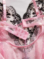 Pink Lace Embroidery Jumpsuit with Black Floral Lace Paneling High-Waist Triangle Pant Design Romantic French Sexy Underwear