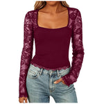 Women'S Sexy Lace Patchwork Square Collar Long Sleeve T-Shirt Elegant Sheer Mesh Slim Fit Cropped Top Spring/Fall 2026 Basic Top