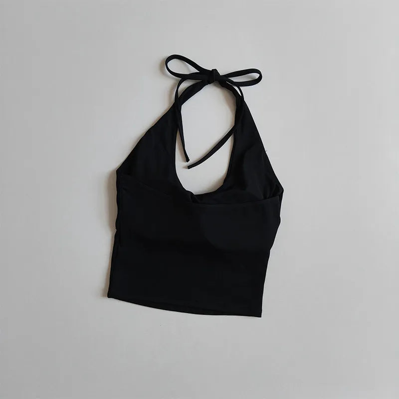 Women's Halter Neck Sports Bra Vest Slimming Tube Top for Yoga Gym Running Beautiful Back Sling Design One Cup Gathered Summer F