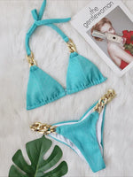 Halter Ribbed Metal Chains Diamond Bikini Women Swimsuit Female Swimwear Two-pieces Bikini Set Bather Bathing Suit Swim Lady
